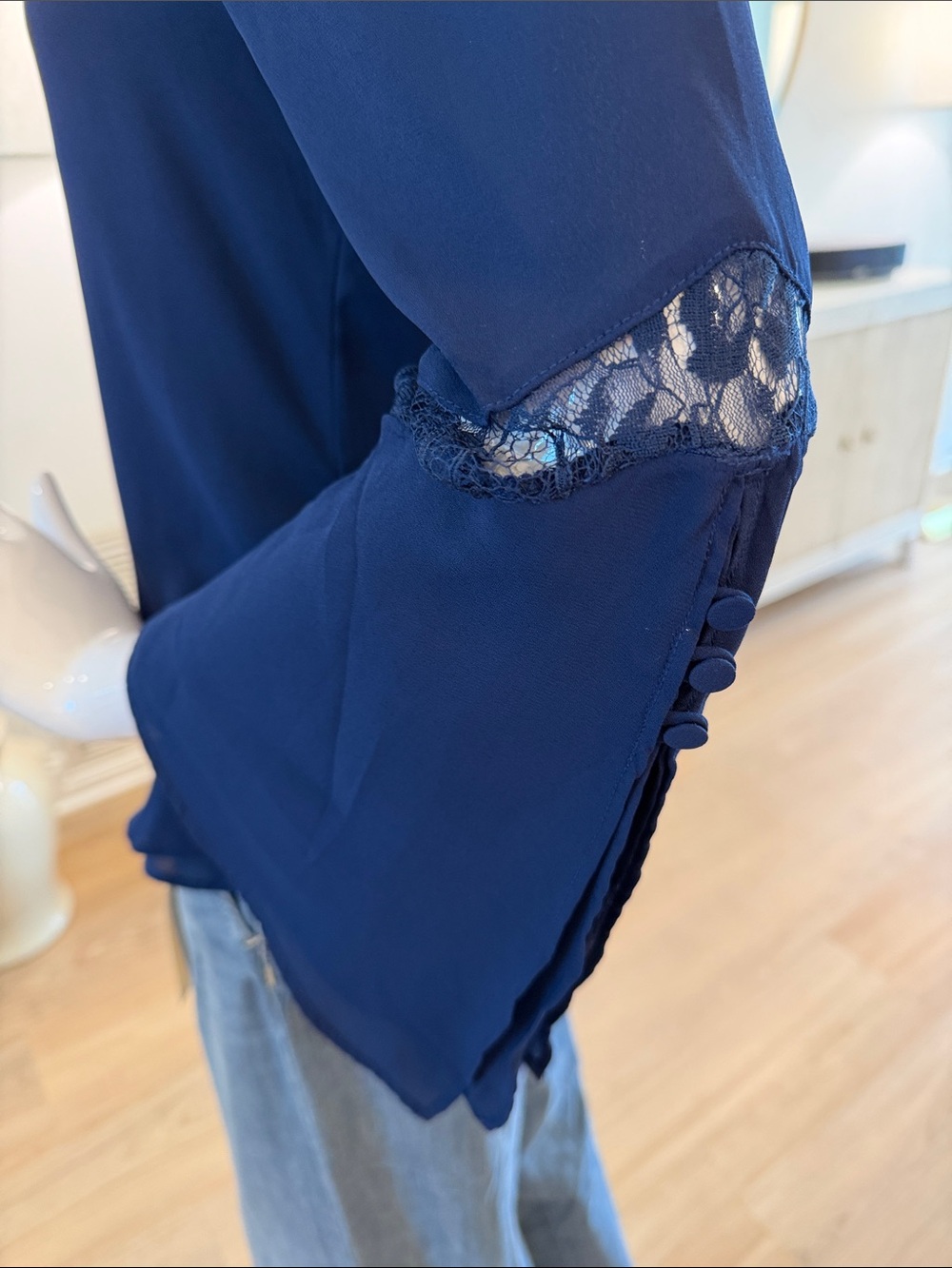 Colleen Lopez Navy Ruffle Front Blouse - Picture 6 of 12